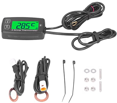 Tbest Dubbelkanals LCD-termometer Motortempmätare Digital Display med Grön Bakgrundsbelysning för Motorcykelbåt ATV ABS Metall IP67 Regntät