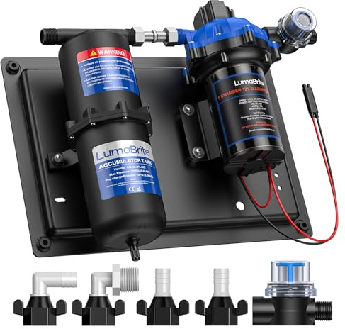 LumaBrite Water Pump and Accumulator Tank System, 12V Caravan Water Pump 7GPM 70PSI Self-Priming & 1L 125PSI Pre-Pressurized Accumulator Tank for Boat, Campervans, RV, Motorhome