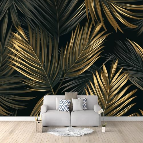 Fotomural Papel Pintado 3D Tropical hojas de palmera follaje Patrón – Oro negro Papel Tapiz Decorativo Moderno para Pared, Mural de Pared para 250 x 175 cm, Decoración del Hogar