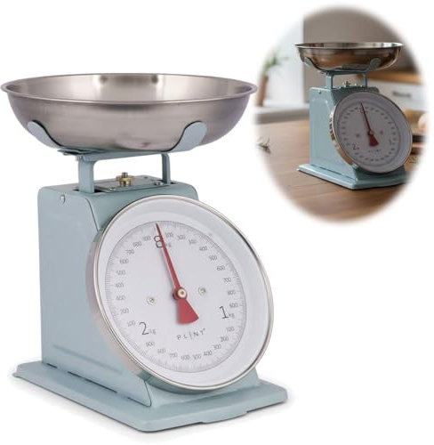 LS-LebenStil Vintage Küchenwaage Retro Blau Manuelle Analoge Backwaage großes Ziffernblatt mit 1L Edelstahl Schüssel ohne Batterie/Strom Küche Waage