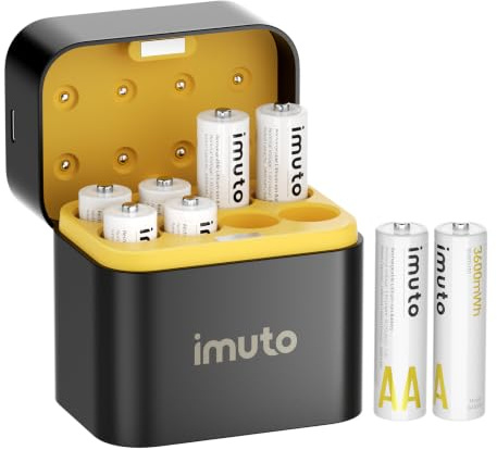 imuto 8-Pack Rechargeable Lithium AA Batteries with Charger, 3600mWh 1.5V | 2A Output, aa Lithium Batteries, 8 Slot Storage Case, 2500+ Cycles Life, 3H Fast Charging for Smart Lock, Xbox, Blink Camera