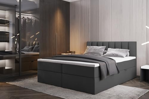 TRADA Boxspringbett mit Bonellmatratze H3 Palermo, 140x200 cm, Dunkelgrau | Elegant Bett mit Matratze, Bettkasten und Topper