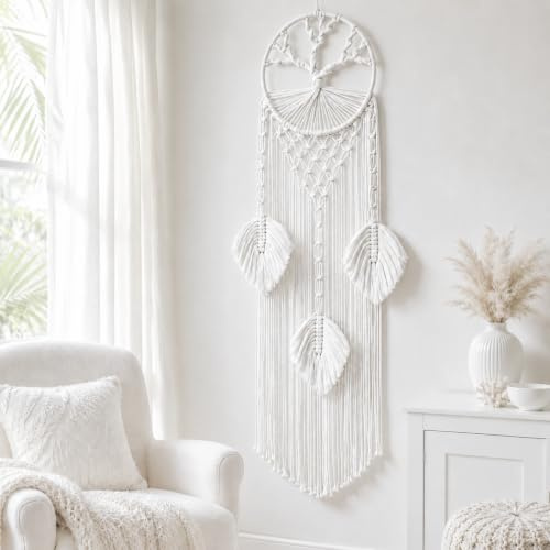 Traumfänger Lebensbaum Makramee Wandbehang, Boho Wanddeko Boho Style Dreamcatcher für Wohnzimmer Schlafzimmer Flur, Handgefertigt Gewebt Dekoration für Zuhause