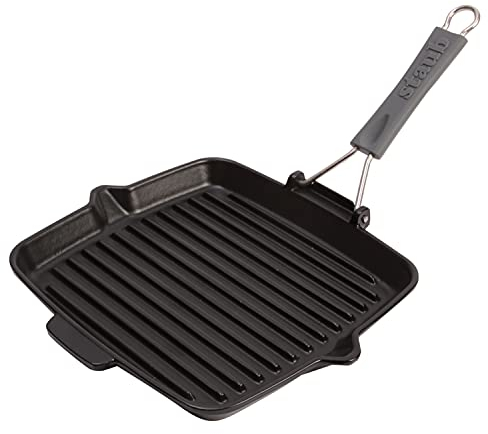 STAUB Gusseisen Grillpfanne mit klappbaren Silikongriff, Quadratisch 24 cm, Für alle Herdarten inkl. Induktion & Backofen, Schwarz