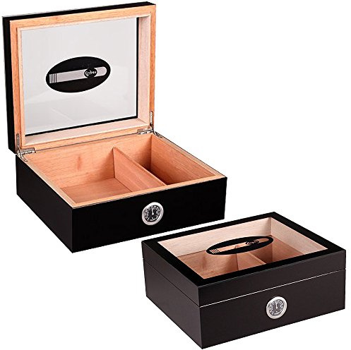 Humidor Schwarz mit Sichtfenster 26x22,2x10,8cm inkl. Befeuchter, externem Hygrometer & Trennwand für 25 Zigarren