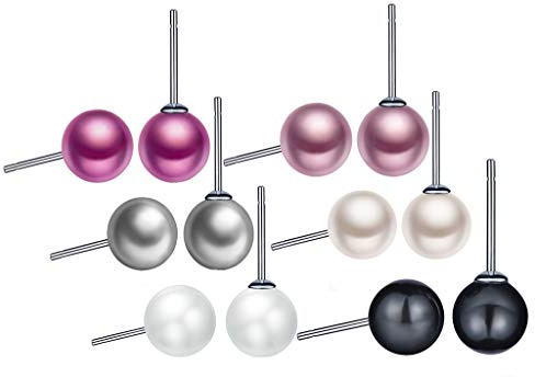 Unendlich U 925 Sterling Silber 8-9mm 12PCS Bunte Mehrfarbige Perlen Ohrstecker Gestüt Stecker Ohrringe Set Ohrschmuck für Damen Mädchen, 6 Paare