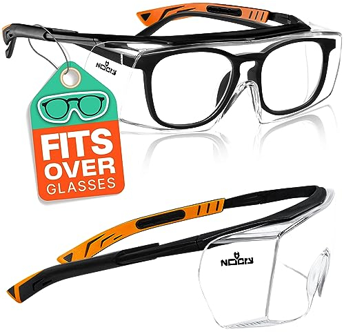 NoCry Sicherheits-Überbrille mit Kratzbeständigen Gläsern, Seitenschutz, Verstellbaren Bügeln, 400 UV-Schutz, schwarz oranger Rahmen und EN166, EN170, EN172, EN175 Zertifiziert
