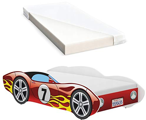 iGLOBAL Kinderbett Autobett Cars Bett Jugendbett Juniorbett Bett mit Lattenrost Stellage Schaumstoffmatratze 140 x 70 cm (Red)