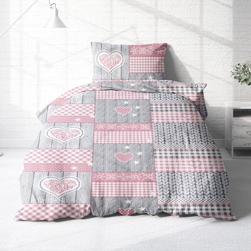 Träumschön Biber Bettwäsche Set 2tlg 155x220 cm + 80x80 cm – Flauschige Kinderbettwäsche Rosa – Weiche Winterbettwäsche mit Herzen - Atmungsaktiv, Warm & Hautfreundlich - 100% Baumwolle