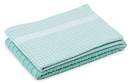 Amago - 2er Pack Küchen Frottier Handtuch, 100 prozent Baumwolle, 50 x 70 cm - Türkis/Weiß