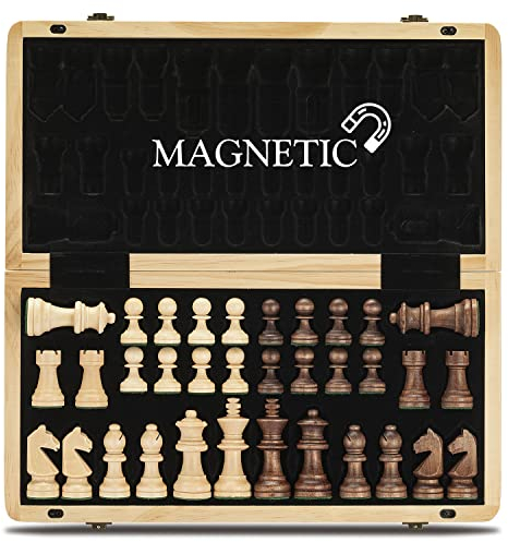 A&A Magnetisches Schach-Set aus Holz, 38,1 cm, klappbares Brett, 7,6 cm, Königshöhe Deutscher Ritter Staunton Schachfiguren/2 extra Königin/Brettspiele