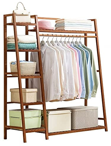 little dove Kleiderständer Bambus ，Garderobenständer Bambus，Multifunktionale Schlafzimmer garderobe Kleiderständer mit 7 Ablagen 1 Kleiderstangestab (110 x 36x 140 cm) (1)