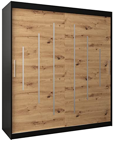 MEBLE KRYSPOL - Kleiderschrank, Schlafzimmerschrank - Schrank Zwei Türen - 4 Fächer rechts, Links, 2 Stangen, Fach - Garderobenschrank York, Körperfarbe Schwarz, Frontfarbe Artisan - 180x62x200cm