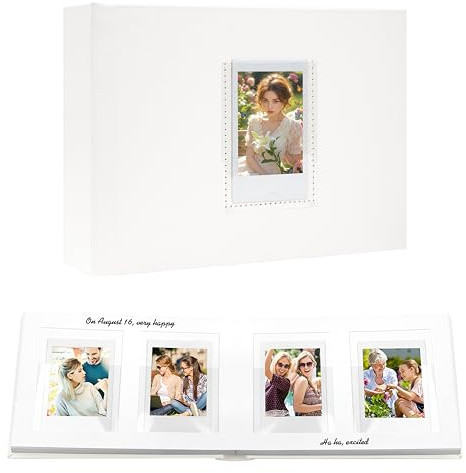 Veicevol Photo Album with Writing Space for Fujifilm Instax Mini 12 11 9 40 90 8 7 Evo Liplay Instant Camera, 64 Pockets Photo Album for Polaroid, Leather Cover Handmade Paper 2x3 Photo Albums (White)
