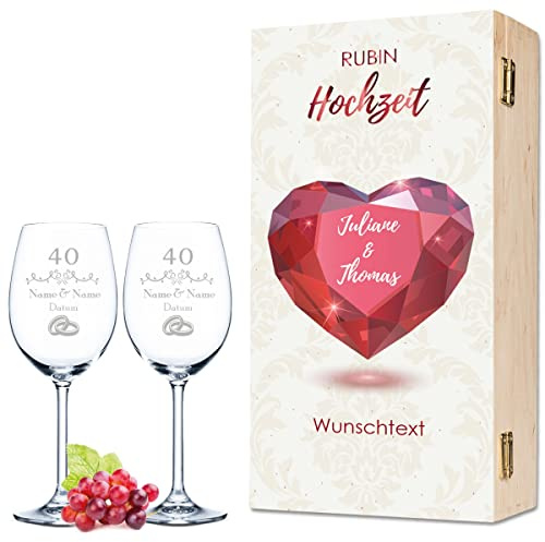 GRAVURZEILE Leonardo Weingläser mit Gravur - Rubinhochzeit Design - Personalisiert mit Namen & Datum inkl. Holzkiste - Geschenk zur Hochzeit Verlobung Jahrestag Farbe Daily