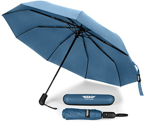 HERO Windproof Umbrella with Case - Compact - Easy Open & Close Automatic - Strong Wind Protection, Lightweight - Built with Reinforced Fiberglass Ribs - Navy Blue