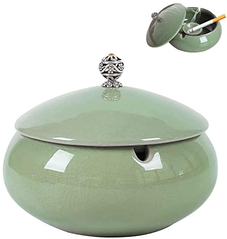 Grand Cendrier en céramique avec couvercle Gros Cendrier à cigares coupe-vent pour balcon, maison, terrasse, bureau, décoration verte