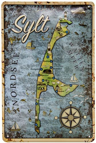 Retro Blechschild - Sylt Landkarte - hochwertig geprägtes Stahlblech - Deko Schild, 3D Effekt - 30 x 20 cm