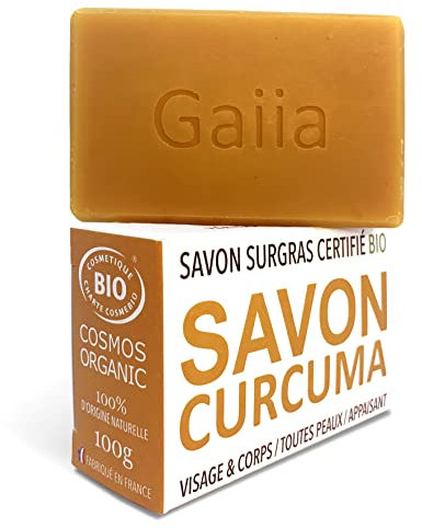 Gaiia - Savon au curcuma bio, Surgras et glycériné, saponifié à froid, corps et visage. 100 grammes.