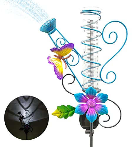 Outdoor-Regenmesser,solarbetriebener Regenmesser,7-Zoll-Glas-Regenmesser mit klarer Skala,Abnehmbarer Regenmesser,Metall Schmetterling Garten Einsätze mit LED-Licht,für Garten, Rasen, Hofdekoration