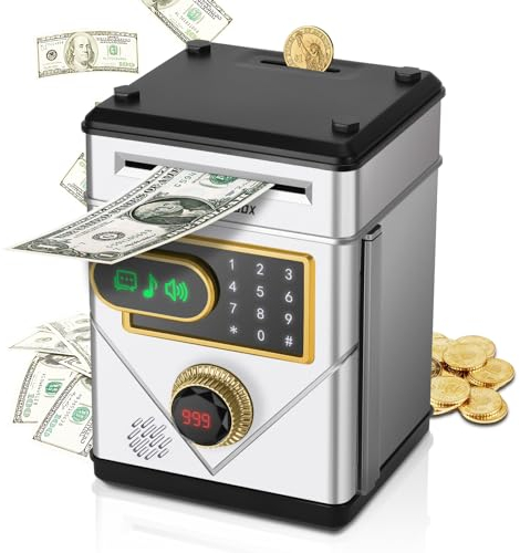 Vubkkty Piggy Bank for Boys, Digital Money Box Kids Safe with Password, ATM Piggy Banks Money Saving Box, Touchscreen Money Bank Cash Coin Can Safe Boxes, Girls Toys Age 6-12 Chirstmas Gifts(Silver)