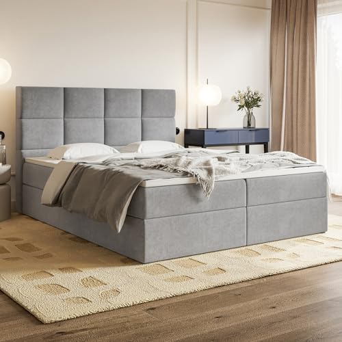 MOTIVENA Alpha Boxspringbett 160x200 Grau Samt, mit Bonellfederkern-Matratze (H4), mit T28 Komfortschaumstoff Topper (H3), Boxspringbett 160x200 mit Bettkasten Grau (Hellgrau)
