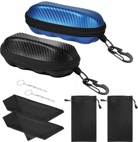 MoKo Brillenetui, Universal Halbhart Brillen Case, Sonnenbrille Lesebrille PU Brillenetui mit Metallhaken Mini Schraubendreher, Tragbar Brillenorganizer Aufbewahrung für Männer Frauen, Schwarz + Blau