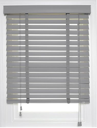 Venetian Faux Wood Blind wooden Venetian Blinds With Tape 50mm Slats TRIMMABLE Fauxwood Grey with Contrast Tape (135W x 150L cm)