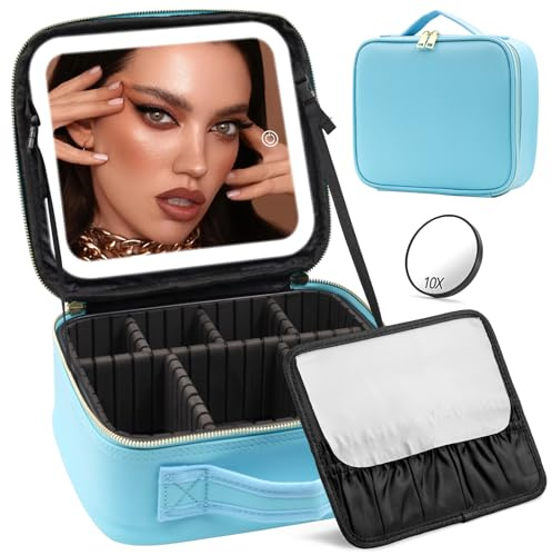JADAZROR Trousse de Maquillage avec Miroir et Lumière, Trousse de Maquillage de Voyage 3 Couleurs LED Organisateur de Maquillage, Trousse de Maquillage Cosmétique Portable avec Séparateurs Réglables