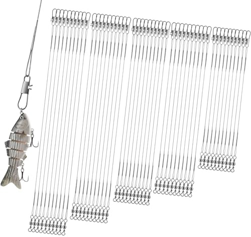 Realure 50Pcs Stainless Steel Fishing Leaders with Swivels Snap Connect Kit High Strength Fish Line Wire Leaders for Fishing Saltwater 4/6/8/10/12inch Fishing Wire Leader Line for Lure Bait Rig Hooks
