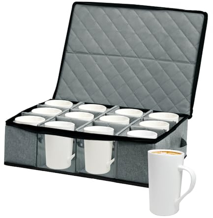 Boczif Aufbewahrungsbox für Kaffeetassen, Aufbewahrungsbehälter für 12 Gläser, Kaffeebecher und Teetassen, gepolsterter Geschirrkoffer mit Trennwänden für Teller, Tassen und Besteck