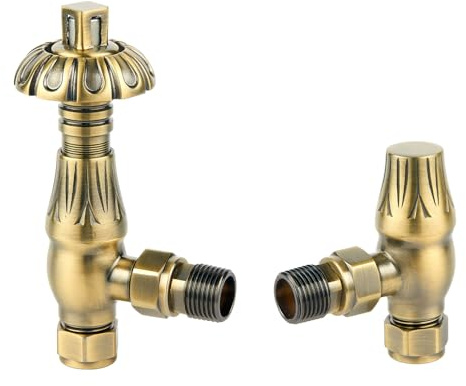 Antique Brass Metal Head Angled Radiator Valves Modern Radiator Valves 15mm x 1/2 Set of 2 for Heated Towel Rails & Central Heating Radiators Brass Radiator Valve Set