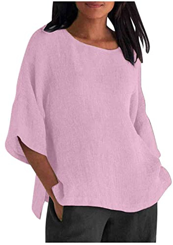SCBFDI Chemisiers et Blouses Femme, Chemisier en Coton et Lin à Manches | 3/4 Blouses Ample à Col Rond Tunique D'été Couleur Unie Top Respirant Grande Taille Hauts De Vacances