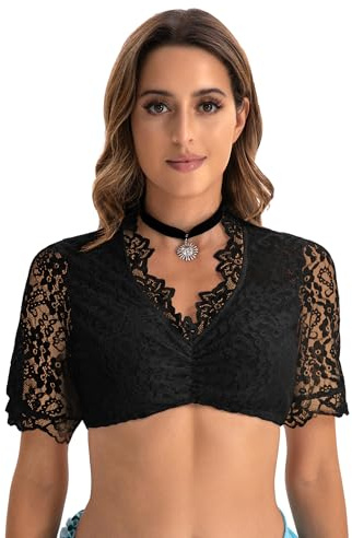 Zeagoo Camicetta Dirndl Donna Pizzo Costume Tradizionale Oktoberfest Elegante Blusa Mezza Manica Collo V Camicia Nero XXXL