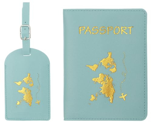 PATIKIL Reisepasshülle Kofferanhänger Set Flugreise Koffer Namensanhänger Tags Reisepass Passport PU-Leder Reisepass Hülle Gepäckanhänger für Kreuzfahrten Reisetasche Hellblau