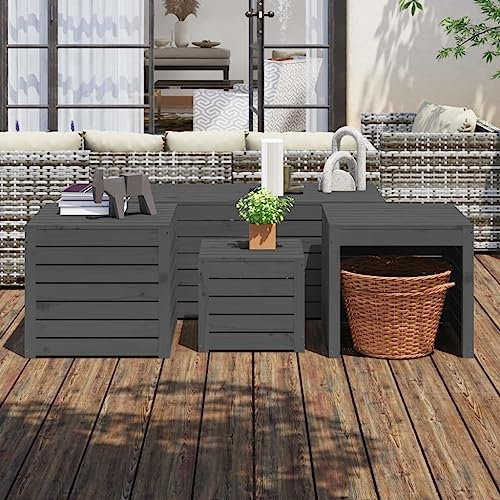 prissent 4-tlg. Gartenbox-Set Grau Massivholz Kiefer Auflagenbox Holz Gartenbox Holz Outdoor Sitzbank Outdoor Holz Storage Boxes Sitztruhe mit Stauraum