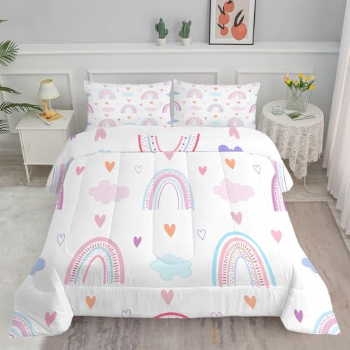 PNHCL Piumino Singolo 4 Stagioni Arcobaleno Viola Piumone Letto Singolo Bambino 140x200 cm Super Morbida Trapunta in Microfibra per Tutte le Stagioni, Lavabile in Lavatrice - Cuore Rosa