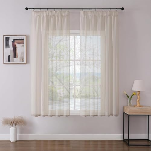 Joydeco 2er Set H137 x B140 cm Leinenfarbene Kurz Vorhänge für Schienensystem Schiene Gardinen Transparent Vorhang Durchlässig Curtains Modern Living Room