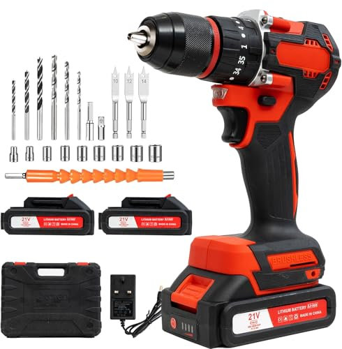 Akkuschrauber, 21V Akku Bohrschrauber Set mit 2 Akkus, Bohrer 42 Nm Drehmoment, 25+1 Drehmomentstufen, LED-Licht, 2 Geschwindigkeiten, 27 DIY-Zubehör für Reparaturen und Heimwerken