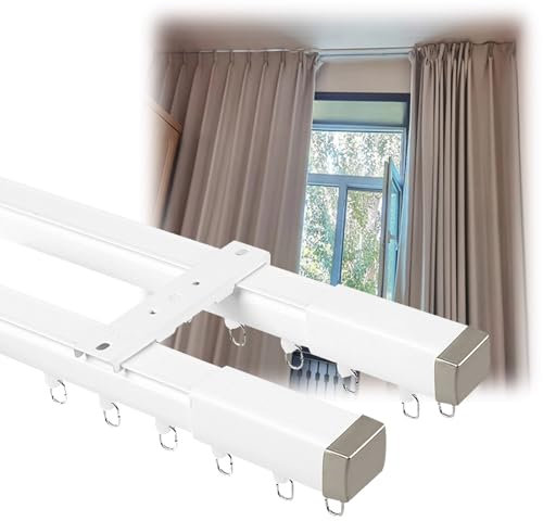 Gardinenstange 2-läufig Querlaufende Vorhangschiene Aluminium-Kreuzschlitten-Doppelschiene Mit Geräuscharmen Rollen Stumme Gerade Schiene Verhinderung Von Lichtlecks Deckenbefestigung(210cm)