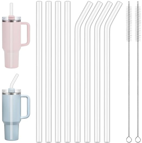 8 pcs 31 cm Straws for Stanley Cup, Reusable Glass Straws Drinking | Large Clear Straw with Straw Cleaning Brushes Compatible with Stanley Cup 40oz(4 Straight + 4 Bent)