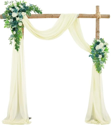 SYSUII Hochzeitsbogen Vorhang 2 Stück 75 * 300cm Hochzeit Vorhang Chiffon Stoff Hintergrund Gardinen Dekoration Tüll Fotovorhang Querbehang Deko für Babyparty Party Torbogen Zeremonie -Beige