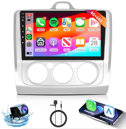 Hodozzy 4G+64G Autoradio für Ford Focus 2 3 Mk2 Mk3 2004-2011 mit Carplay Android Auto, 9 Zoll Touchscreen Autoradio Doppel Din Android mit Navi GPS Bluetooth WiFi 32DSP FM/RDS Radio Rückfahrkamera