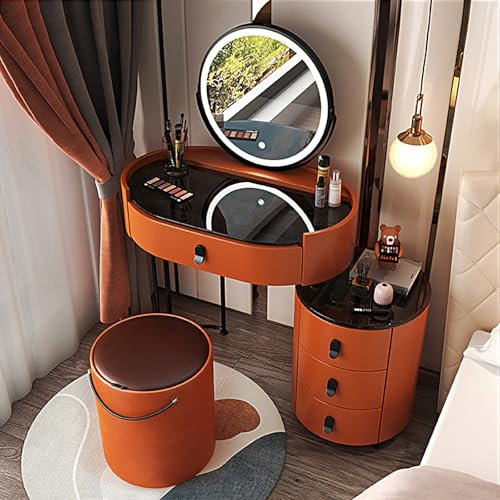 Moderner Make-up-Schreibtisch mit LED-beleuchtetem Spiegel, Tischplatte aus gehärtetem Glas, Schubladen, Beistellschrank und Stuhl, 3 Beleuchtungsfarben, Schminktisch für Sie, Orange (60 cm)