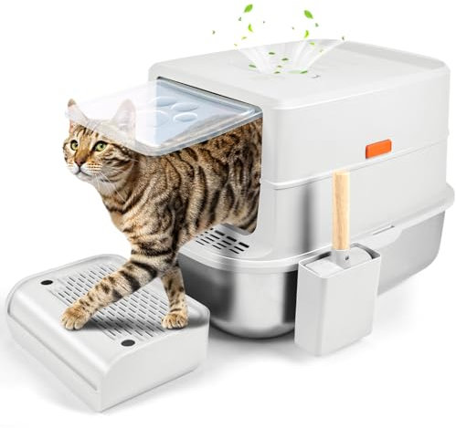 Bartuke Arena para Gatos de Acero Inoxidable con Cubierto, Cajas de Arena Grande XXL, Extraíble Arenero Cerrado con Pala, Pedal, Anti-Fugas, Fácil de Limpiar, para Varios Gatos (Gris Claro)