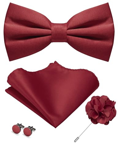 JEMYGINS Herren Matte Einfarbige Fliege mit Taschentuch Manschettenknöpfen und Ansteckblume Set