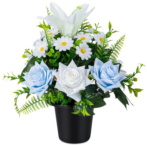 SIFOEL Artificial Grave Flowers in Pots, Artificial Rose Lily Daisy Memorial Flowers with Pot for Cemetery Funeral Outdoor Graveside Decoration (1pc, Blue & White)