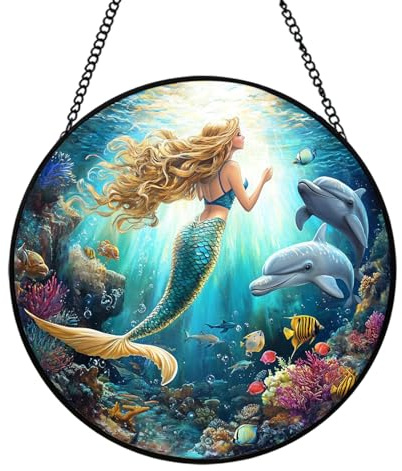 Xuoxeji Mermaid Stained Glass Ornaments, 20cm/7.87in Mermaid Stained Glass Suncatchers for Windows, Mermaid Themed Gifts for Women