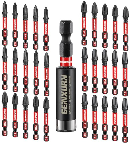 GEINXURN Impact Tough Phillips 50 mm Magnetic Screwdriver Bit Set, 30 Pieces PH1 PH2 PH3 Insert S2 Steel Drill Driver Bits with 1Pcs Impact Bit Holder, Bulk