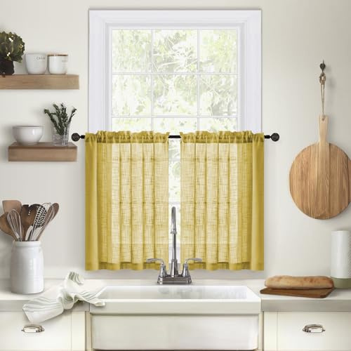 Devola Scheibengardinen Leinenoptik Kurz Küchengardinen Modern 2er Set Kleines Fenstergardinen Bistrogardine Halbtransparent Gardinen Schals Kurz HxB 78x63.5cm Gelb 2 Stück